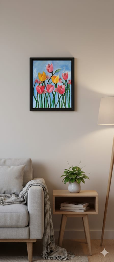 Pink and yellow tulips under a summer sky handmade painting