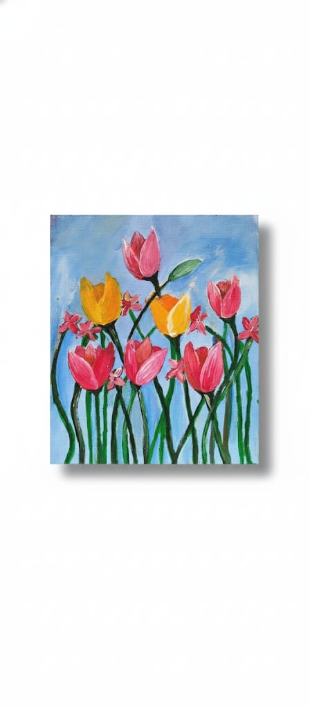 Pink and yellow tulips under a summer sky handmade painting