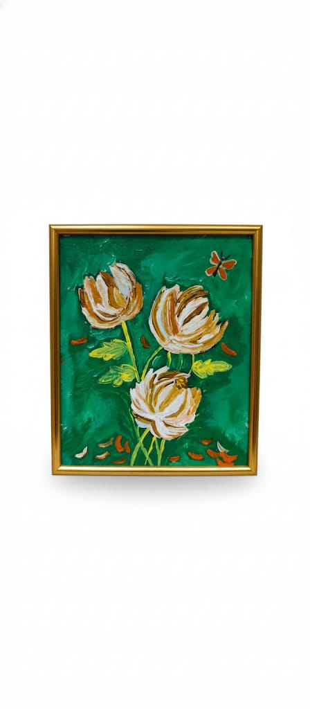 Hand-painted chrysanthemum floral artl Green and gold flower canvas