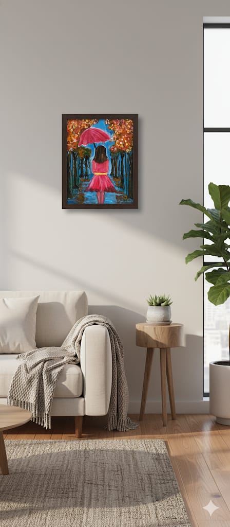 Handmade Autumn walk in red painting l Woman with umbrella art