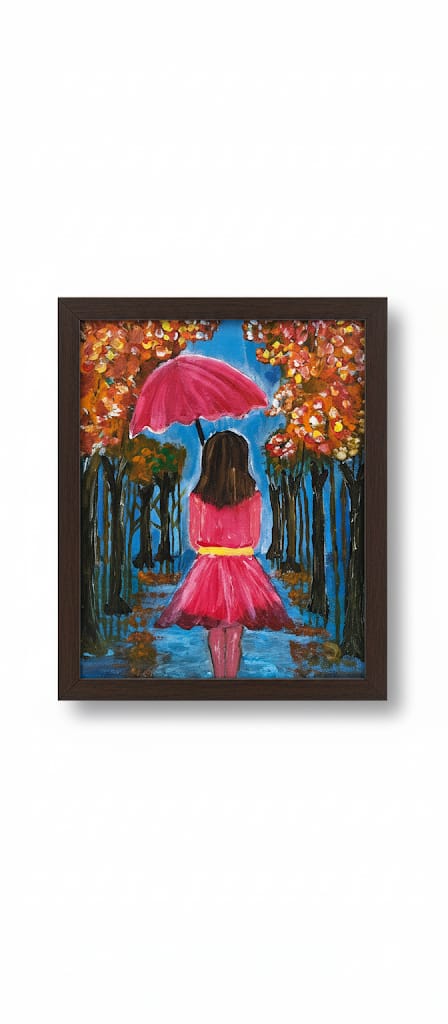 Handmade Autumn walk in red painting l Woman with umbrella art