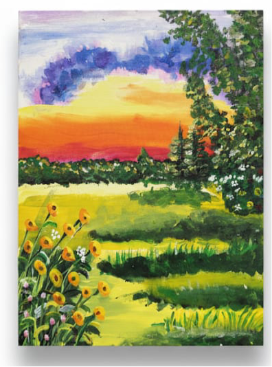 Handmade vibrant sunset meadow painting