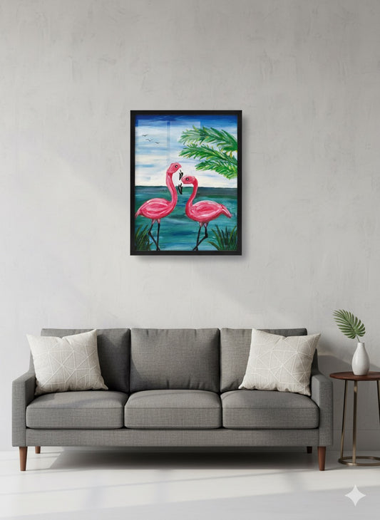Handmade Pink Flamingo Couple Painting | Tropical Bird Wall Art