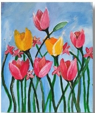 Pink and yellow tulips under a summer sky handmade painting