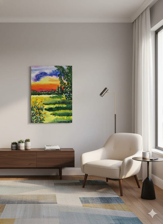 Handmade vibrant sunset meadow painting