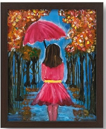 Handmade Autumn walk in red painting l Woman with umbrella art