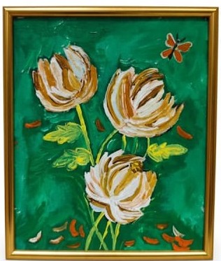 Hand-painted chrysanthemum floral artl Green and gold flower canvas