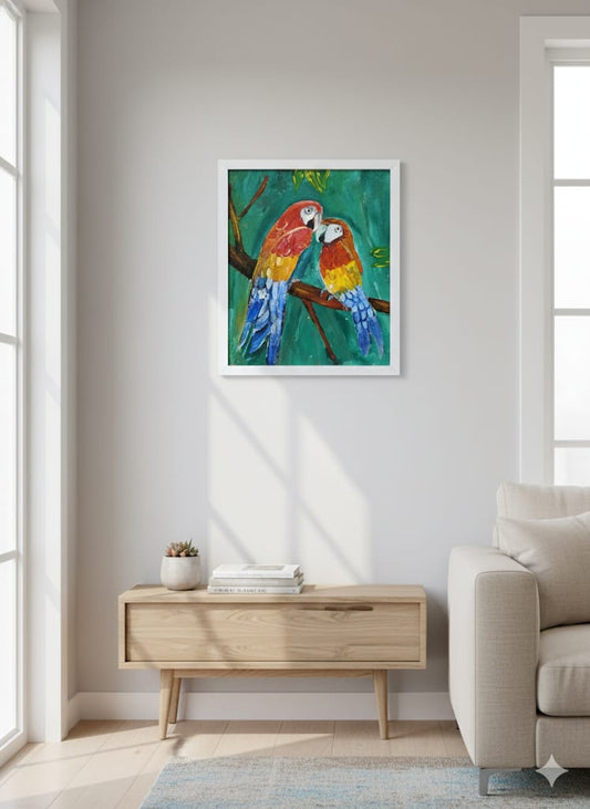 Vibrant handmade couple parrot painting l Ideal for Living room decor